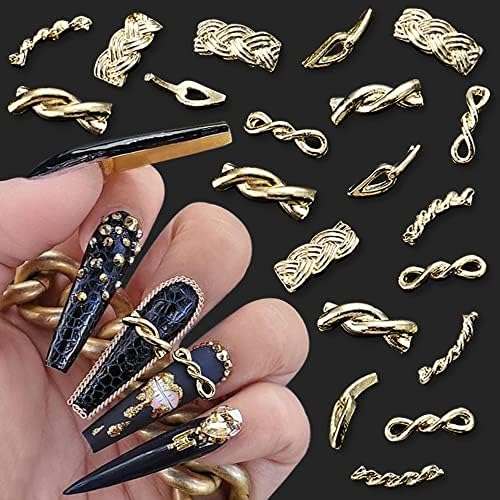 20 парчиња 3Д метални пресврти плетенки со плетенка на ланци за нокти, чаршии златни легури на ланец на лакови за нокти за акрилни нокти,