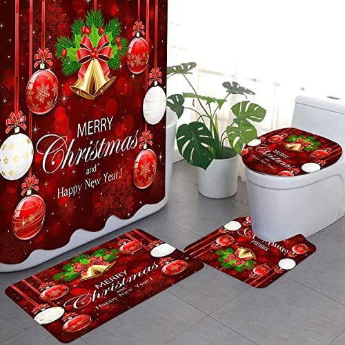 4 парчиња Црвени Весели Божиќни Завеси За Туширање Комплети Со Килими За Божиќен Декор Снегулка Со Црвени И Бели Топчиња Завеси