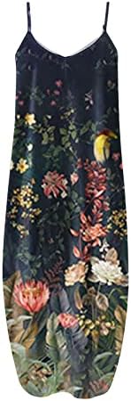 Летна женска вратоврска боја макси фустан обичен v вратот без ракави трендовски лабава камизола долг фустан со џебови