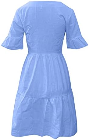 Женски издвоен мини фустан памучен постелнина занишана лушпа од кратки ракави, пеперутка фустани, обичен измамен фустан со џеб