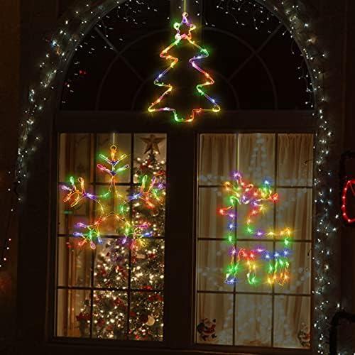 Декорации за силуети за божиќни прозорец силуета, 3 пакувања со USB, светла за висини на Божиќни прозорец, ирваси, снегулки, новогодишни