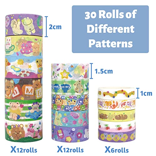 Mpopuul 30 Rolls Kawaii Washi Tape Set - слатки ленти за печатење на мечка за миење декоративни за деца, училишни материјали,