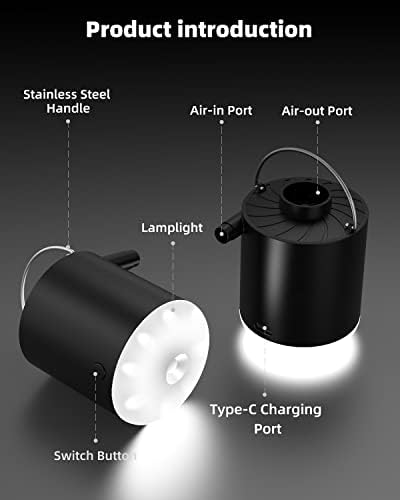 Воздушна пумпа за надувување, електрична пумпа за воздух со светло за кампување со батерии од 1600mAh, USB ултра-мини-инфлатор/дефлатор