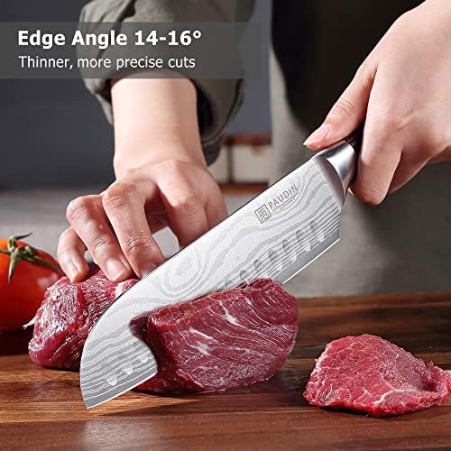 Паудин готвач нож 7 инчи Сантоку нож Ултра остри јапонски кујнски ножеви, високо јаглерод не'рѓосувачки челик и рачка со пакауд, нож за готвење