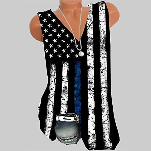 QCEMENI 4 -ти јули резервоарот за жени за жени Денот на независноста кошули Американски знаме Туника V вратот без ракави блуза Обични