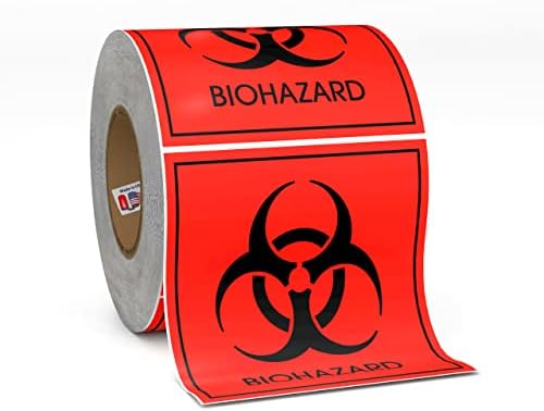 Етикети За Предупредување За биохазард 4 Х 4 Инчи, Флуоресцентни Црвено-Портокалови Опасни Налепници 250 Етикети По Ролна За Медицинска
