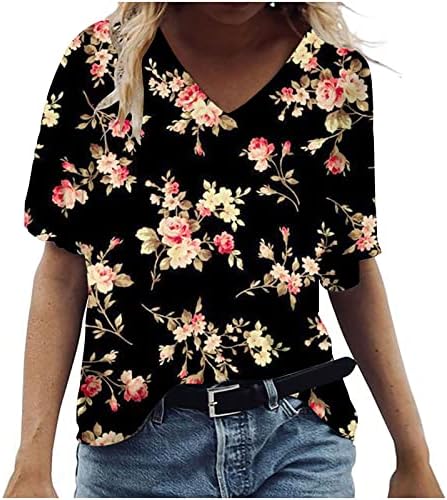 Обични блузи за девојки кратки ракави длабоки V вратот цветни графички лабави вклопки плус големина блузи кошули жени II II
