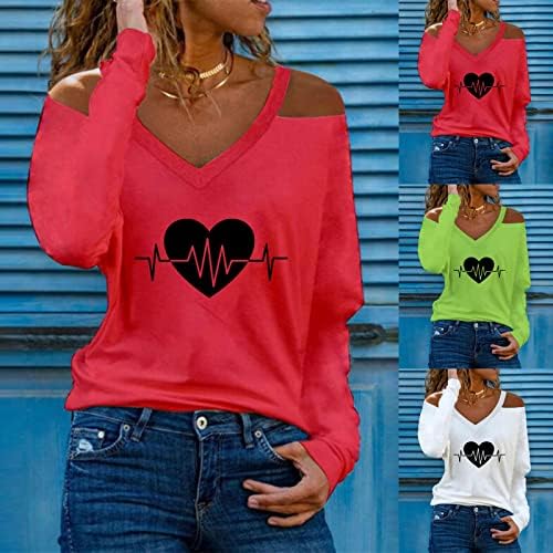 Womenените без прерамки V-вратот блуза Колофул мода на срцето печатено на отворено пулвер врвови удобно памучно џемпер