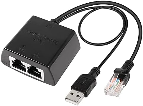 Адаптер за раздвојување на мрежниот сплитер Gelrhonr Ethernet 1 до 2, RJ45 мрежен адаптер со USB кабел за напојување, 1Male до 2 женски