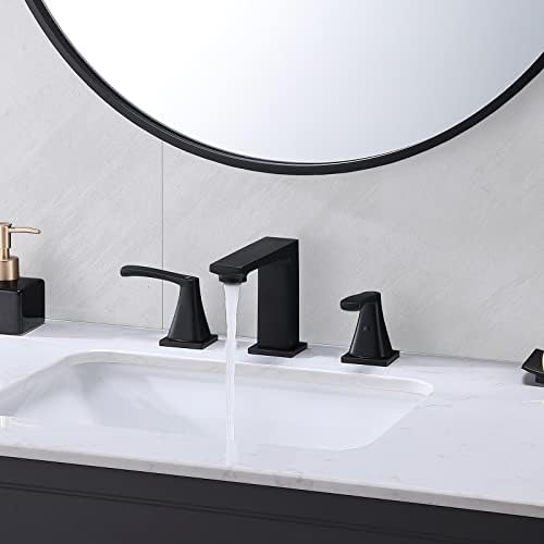 Comllen мат црна тапа за бања 3 дупка, црна тапа за мијалник за бања, широко распространета 2 рачка тапа за бања 8 инчи црна суета тапа со склопување