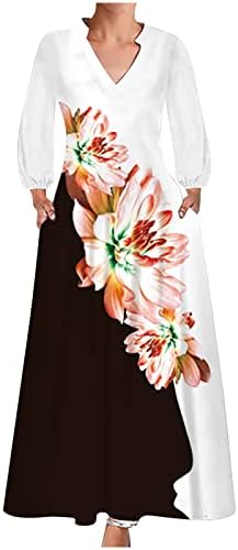 Плус големина маица фустани за жени 2022 Долг ракав макси фустан против вратот гроздобер цветни печатени плажа санки со џеб