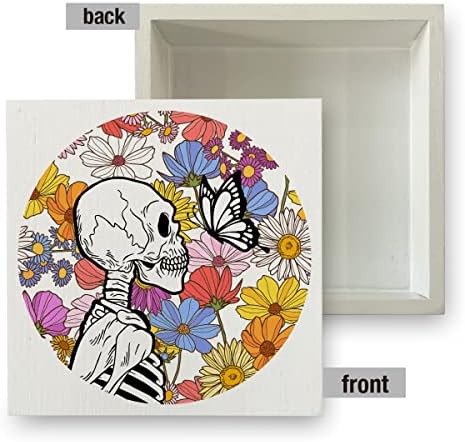 Скелет со диви цвеќиња од дрво кутија знак рустикален цветен скелет пеперутка дрвена кутија знак декоративна земја знак блок плакета