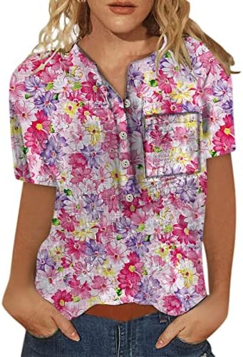 Letulенски летни цветни графички графички маички со џебови со копче на туники на врвови со екипаж на кратки ракави со кратки ракави Раглан