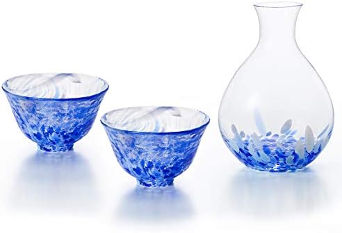 Tsugaru Biidoro, рачно изработено стакло, сет, 2 чаши и 1 токури карафе, сина