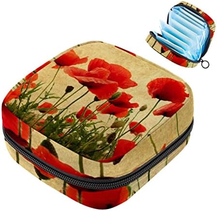 Торба За Складирање На Санитарни Салфетки Црвени Афиони Цвеќиња Женски Период Санитарна Торбичка Торба За Чување Тампон Патент