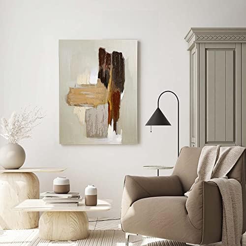 Artbyhannah 24x32 инчи вертикални апстрактни слики wallидна уметност, текстурално сиво беж платно за модерна дневна соба декор