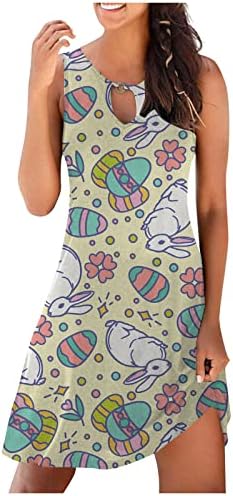 Lcepcy omensенски велигденски без ракави, шарени јајце -зајаче, печатени фустани, моден клуч на вратот 2023 летна облека за плажа