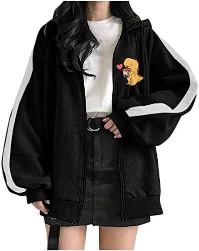 Женска мода преголема јакна од качулка Харајуку симпатична пијалок диносаурус есен случајен патент на тунични маички со долга качулка