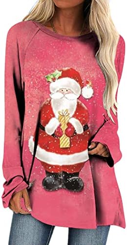 Christmasенски Божиќни туники врвови со долги ракави со тркалезен врат маици обични лабави вклопени санта снежен човек печатена