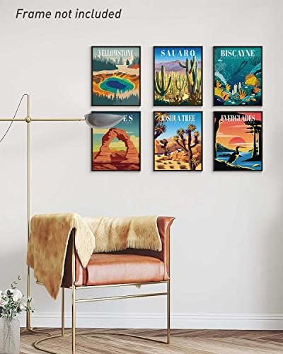Постери на Национален парк Арпеотси сет од 6, нерасположени, 11х14 инчи, гроздобер Национален парк wallидни печати, Yellowолстон, Сауаро,