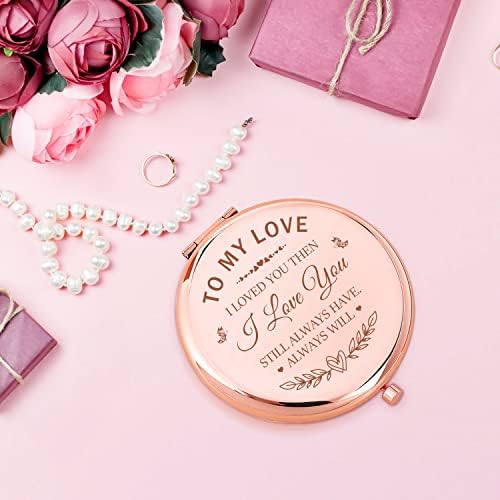 Lruiomve романтична годишнина подароци за в Valentубените, инспиративни розово злато врежано огледало за шминка за патувања, компактно џебно