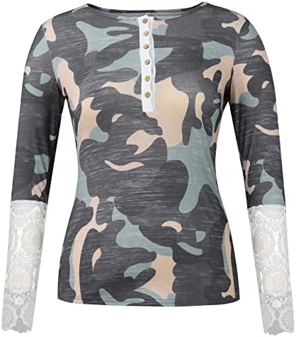 JJHAEVDY копче Тенок врвови за жени печати ребрести долги ракави Хенли маици врвови за обични туники за пулвер кошули