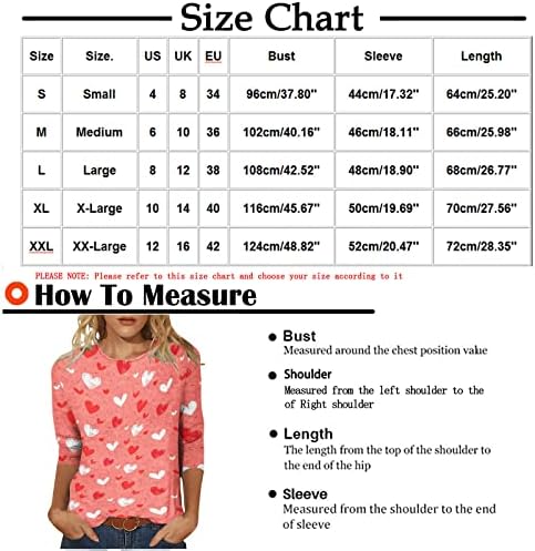 3/4 врвови за ракави за женски моден графички графички пулвер кошула в Valentубена блуза за печатење на туники обични лабави