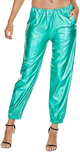 Zaxicht omeенски метални сјајни пантолони со џогер, обични високи половини харем пантолони холографски бои хип хоп панталони улична облека