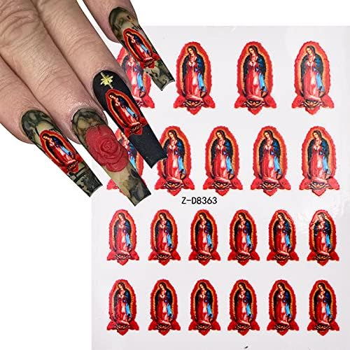 Налепници за нокти од 6 табели со пинцети Сан Јуда, само-лепење на ноктите, религиозни налепници за уметност за нокти за додатоци за украси