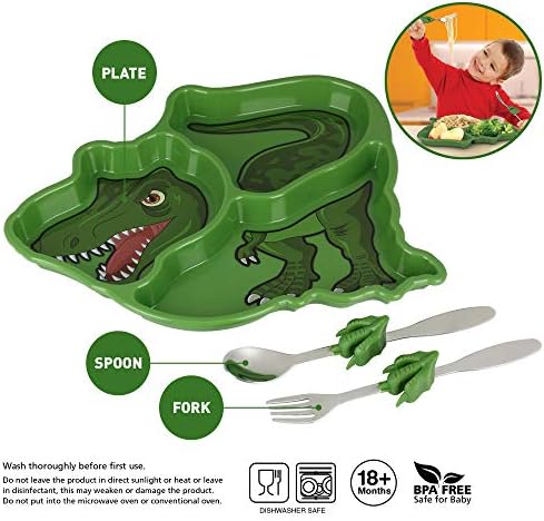 KidsFunwares T-Rex Dinosaur Me Time оброк сет, контролата на порцијата Поделена чинија со вилушка и лажица за деца