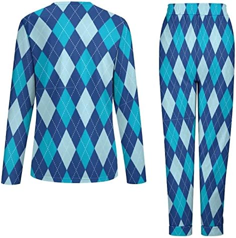 Blueенски пижами со сина ромбичка постави две парчиња долги ракави на врвот и панталоната за спиење за спиење
