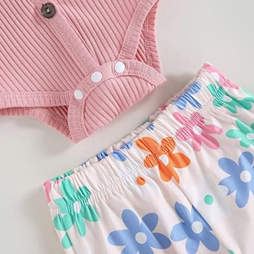 Новорова облека за девојчиња за кратки ракави со кратки ракави со римпер, цветни платешки панталони, ленти за глава летни облеки