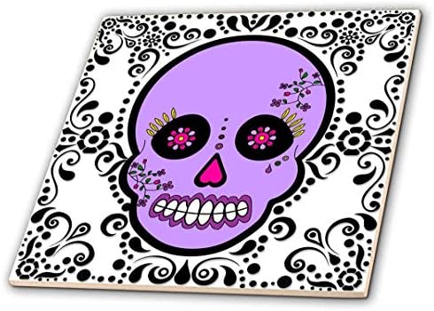 3Drose CT_28868_1 Ден на мртвиот череп Диа де лос Муертос Шеќер череп Виолетова бела црна боја дизајн-керамичка плочка, 4-инчен