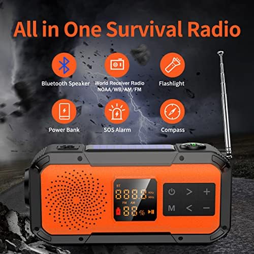 Мало соларно радио со итни случаи со рака со водоотпорен Bluetooth звучник, AM FM NOAA временско радио со фенерче, ламба за читање,