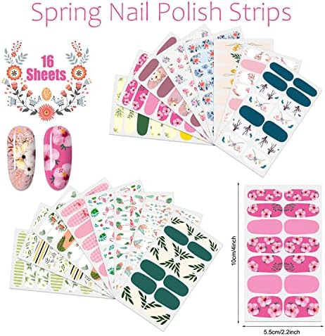 Jerclity 224 парчиња 16 листови пролетни нокти обвивки цветни нокти полски ленти со нокти датотеки самолепливи фламинго цветни лисја ленти