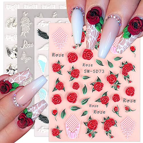 Цветни нокти налепници за уметност Исклучителни 5Д шупливи врежани розови чипка цвет Исклучителна шема самолеплива декларација на ноктите романтични
