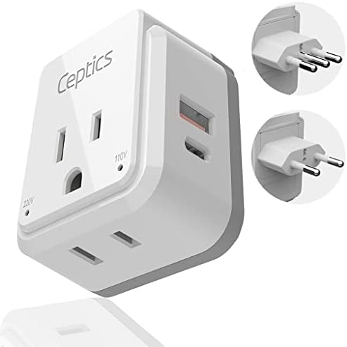 Ceptics Italy, Chile, Rome Plug Plug Adapter Travel Set, 20W PD & QC, Безбедно двојно USB и USB -C 3.1A - 2 приклучок во САД - Компактен - Употреба