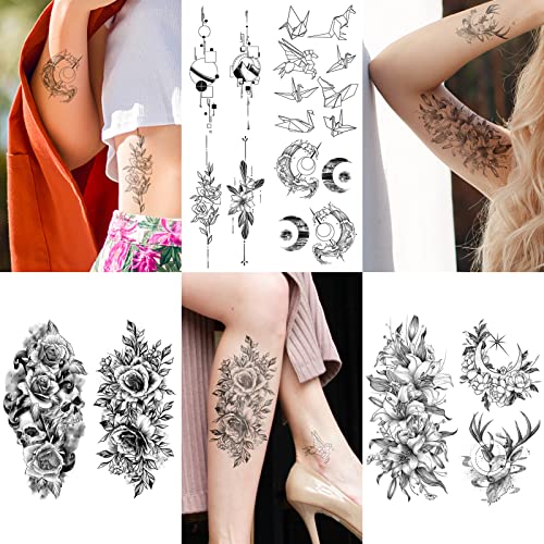 ЕМОМ 400+ Стилски Стилови Реални Привремени Тетоважи За Жени, Долготрајна Полутрајна Тетоважа, Водоотпорни Големи Цвеќиња Тетоважи