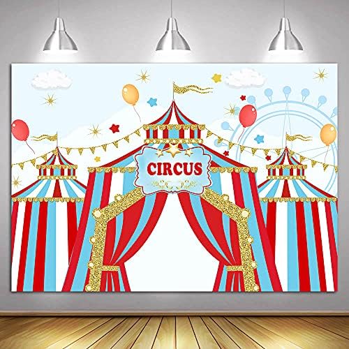 Циркус карневалска тема Деца роденденска забава Фотографија Сино небо црвено бело шарено шатор Ферис тркало бебе туш десерт декор, банер