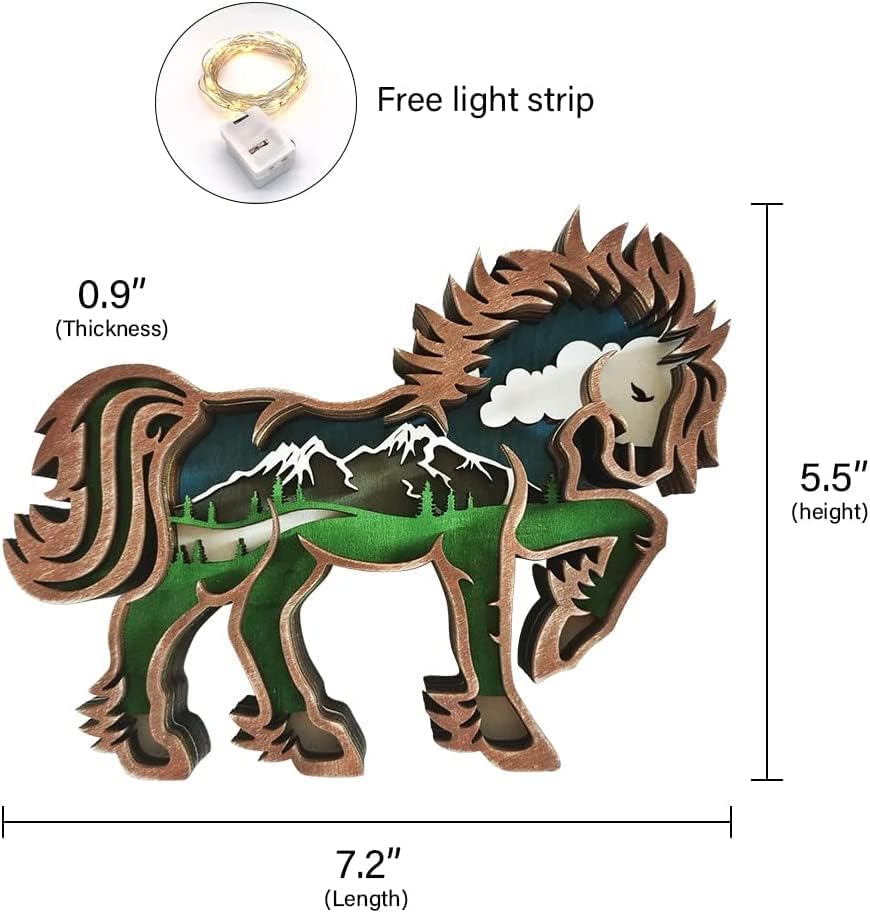 Идотодо коњ и планини слоевит дрвен врежан украс со светла, шумско животно повеќеслоен 3Д декор