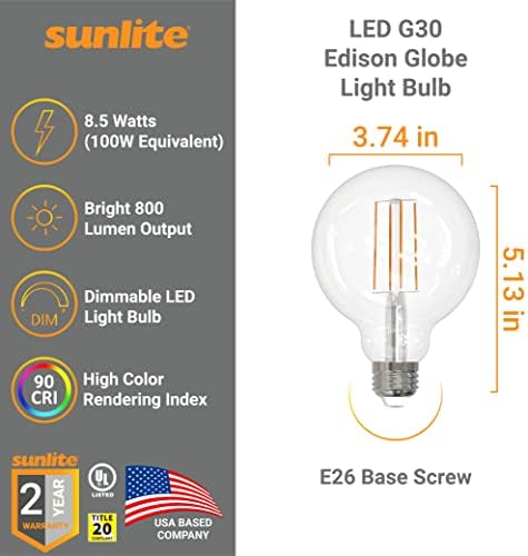 Sunlite 81099 LED G30 Edison Globe Сијалица, 8.5 Вати, Стандард E26 База, 800 Лумени, Затемнување, Декоративни Јасно Стакло, Антички
