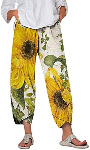 lcziwo женски обични постелнини панталони летни широки нозе Еластична половината лабава удобни панталони со џебови