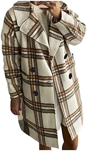 Дами со долги ракави јакна од јака од јака Raglan ракави со двојно гради со преголем палто плус големина карирана печатена волна