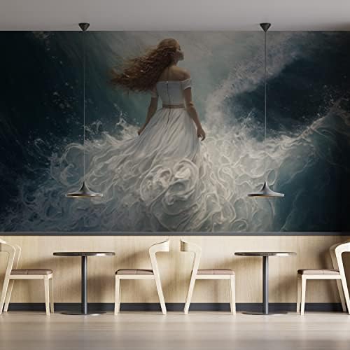 Dekoros.com Океански бранови Отстранлива позадина - жена интегрирана со брановите и погледот на океанот - фантастичен уметнички декор на фреска