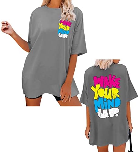 Плус маички со големина за жени, смешно буква графички краток ракав за тренингот на вратот Туника врвови маички за жени