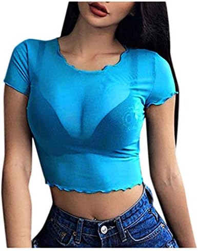 Women'sенска чиста мрежа за кратки ракави на кратки ракави на врвот на обична маица занемарување на долна облека со облека