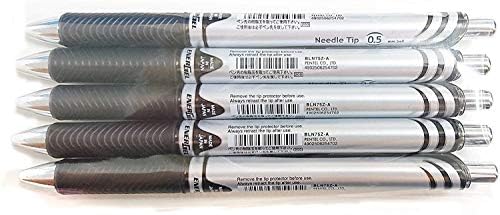 Pentel Energel Deluxe RTX повлечен течен гел пенкало, 0,5 мм, фино линија, врв на игла, сет на црна вредност од 5 вредности од 5