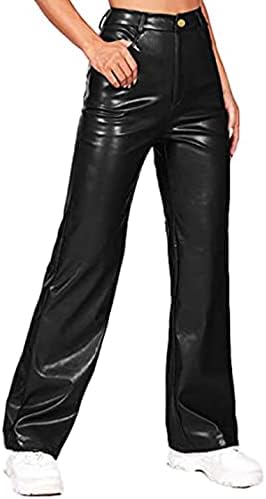Номо женски џеб со висока половината на половината директно широка нога висока истегнување на кожени панталони кожа изгледаат панталони