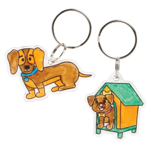 Baker Ross FE392 DOG SUPER SHRINK KEYRINGS - пакет од 8, клучеви за занаети да се обојат, прават и прикажуваат, направете свои за деца