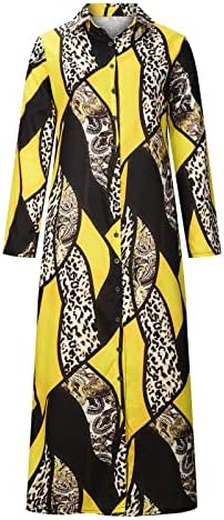 Ретро жени кошули фустан, есен случајно леопард печати макси фустан со долг ракав копче за вртење на јака надолу по долг фустан